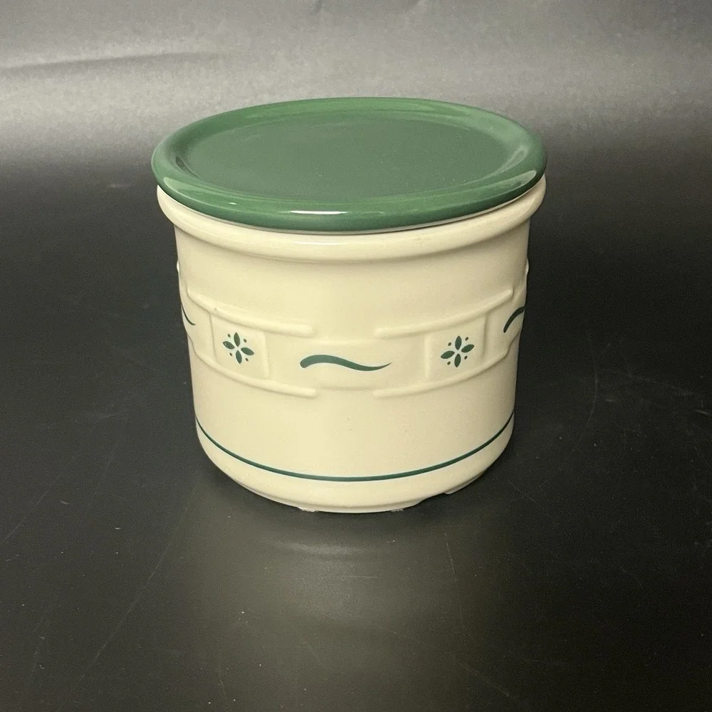 Longaberger Pottery Green Woven Traditions pint Crock, Lid, Coaster & New Candle